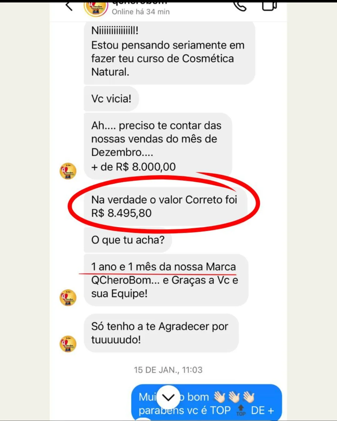 Depoimento de aluna no WhatsApp: R$ 8.495,80 em vendas