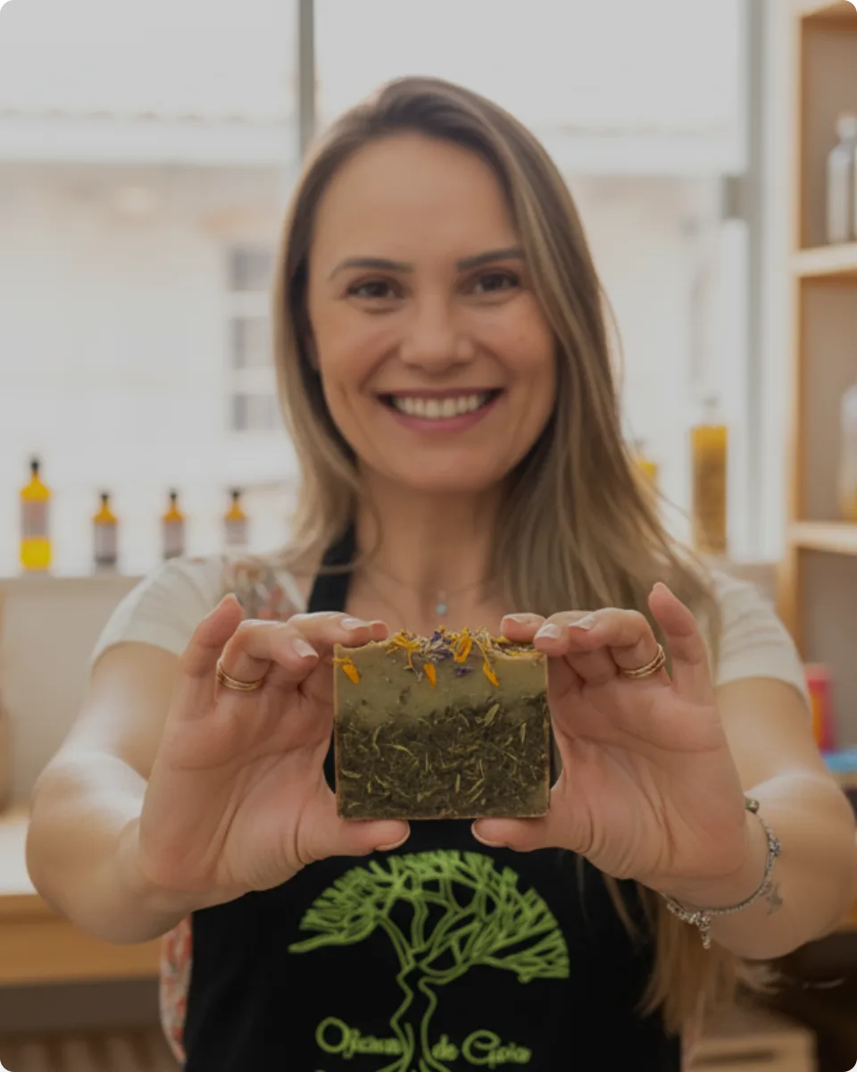 Nill Amorim segurando sabonete artesanal